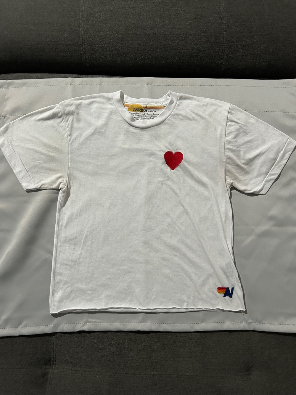 Aviator Nation - White Raw Hem Tee w/ Red Heart Patch Sz: S